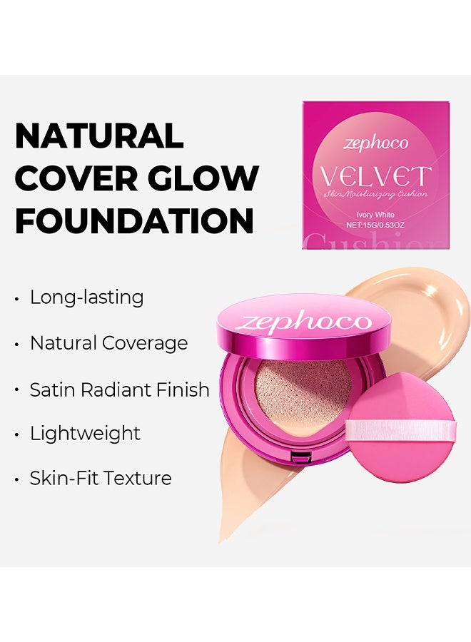 zephoco Velvet Skin Moisturizing Cushion, Pink Glow Cushion Foundation, Easy Coverage, Natural Dewy Glow Finish, Moisturizing For Dry Skin, Lightweight, Long-Lasting & Oxidation-Resistant And High Coverage (Lvory White) - Image 3